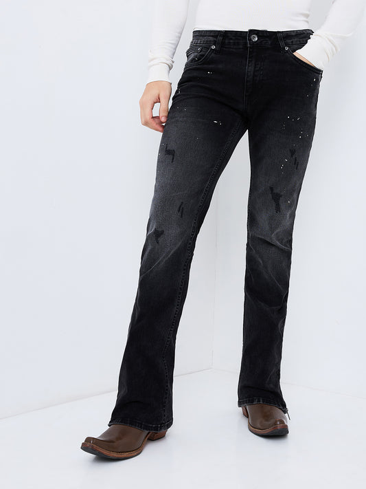 Men's Carbon Black Distress Bootcut jeans With Paint splatter and Zipper Bottom