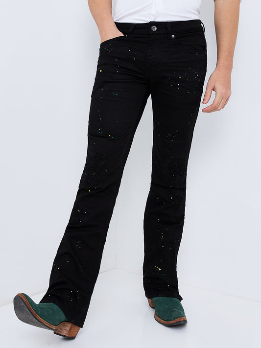 Men's Black Colour Splash Bootcut Jeans With Zipper Bottom