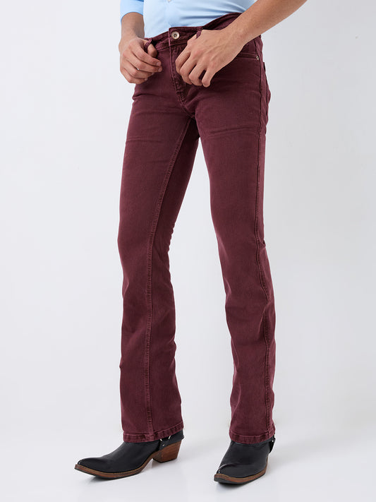 Mode de Base Men's Bootcut Jeans – Classic Fit Stretch Denim Pants – Maroon Wash