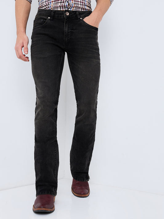 Men's Carbon Black Basic Bootcut Jeans with Zipper Bottom and Tinted Fade