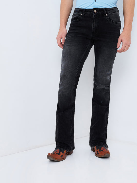 Men's Charcoal Black Bootcut Jeans With Zipper Bottom