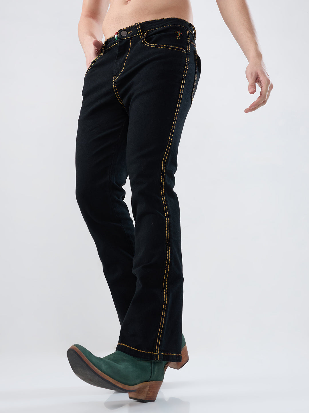 Men’s Jet Black Bootcut Stretch Denim Jeans – Mustard Stitching & Flap Pocket Accents
