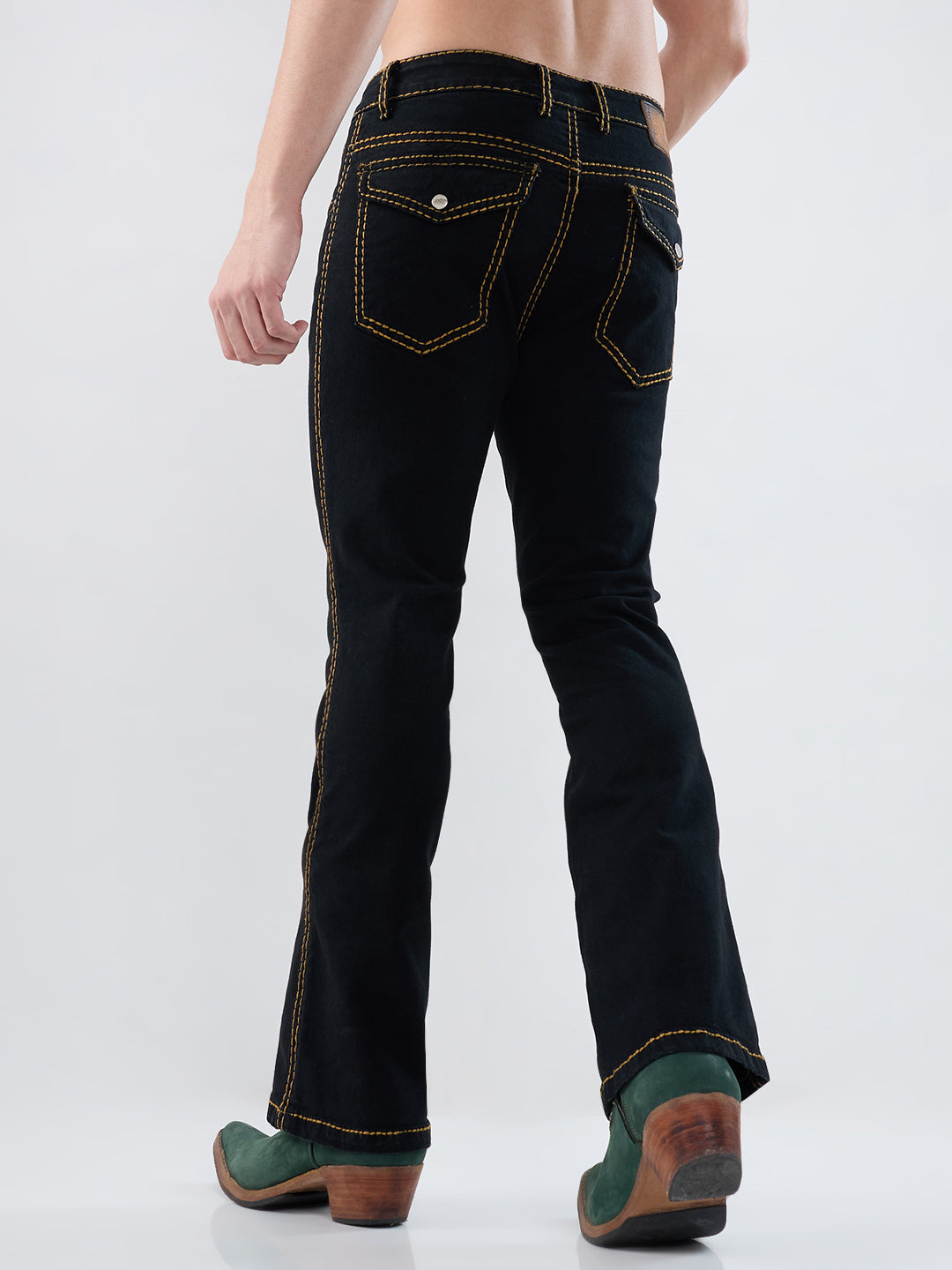 Men’s Jet Black Bootcut Stretch Denim Jeans – Mustard Stitching & Flap Pocket Accents