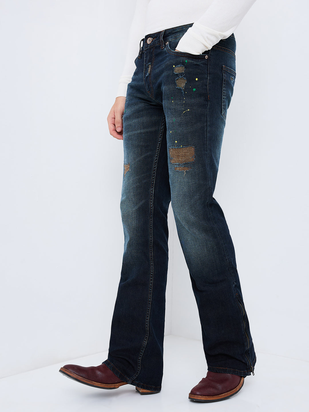 Men's Vintage Indigo Distress Bootcut Jeans with Paint Splatter and Zipper Bottom