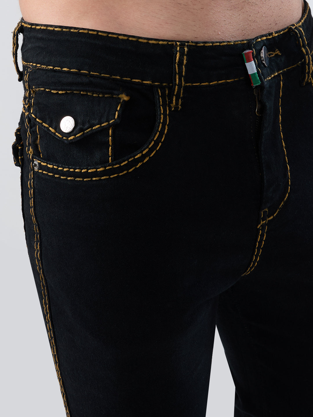 Men’s Jet Black Bootcut Stretch Denim Jeans – Mustard Stitching & Flap Pocket Accents