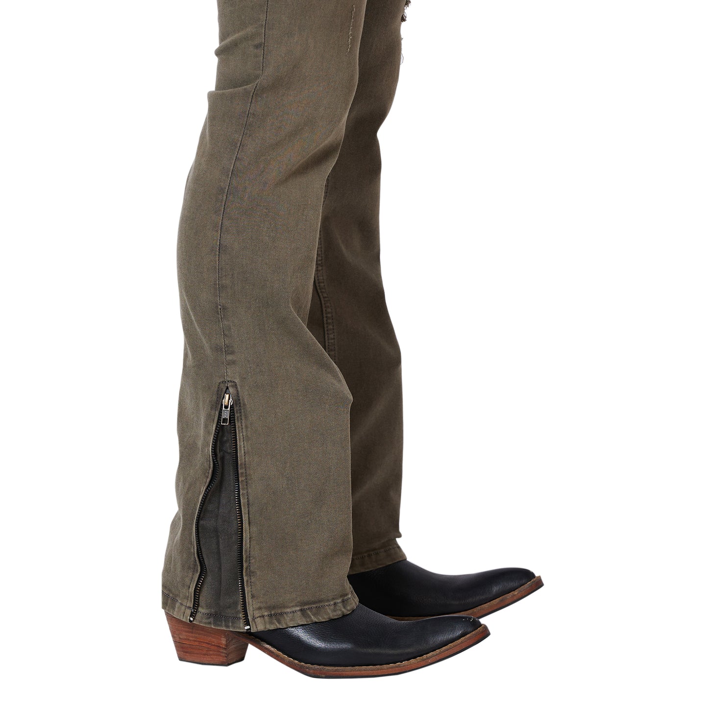 Khaki Distress Bootcut Denim Jeans With Zipper Bottom