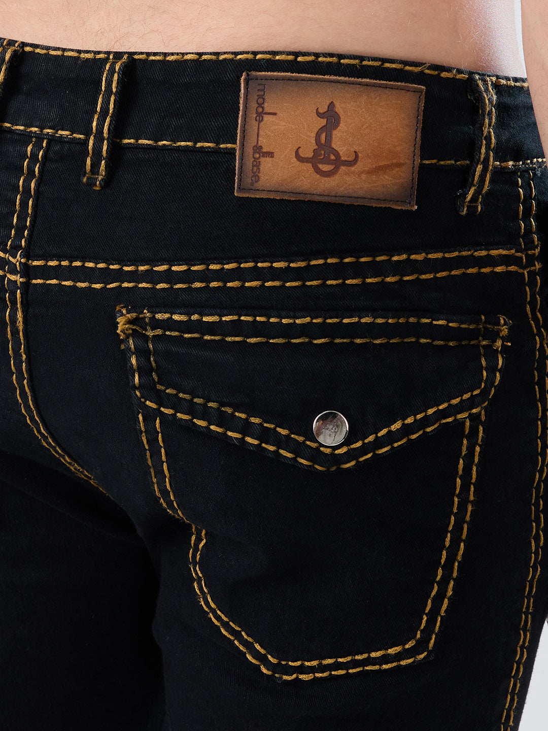 Men’s Jet Black Bootcut Stretch Denim Jeans – Mustard Stitching & Flap Pocket Accents