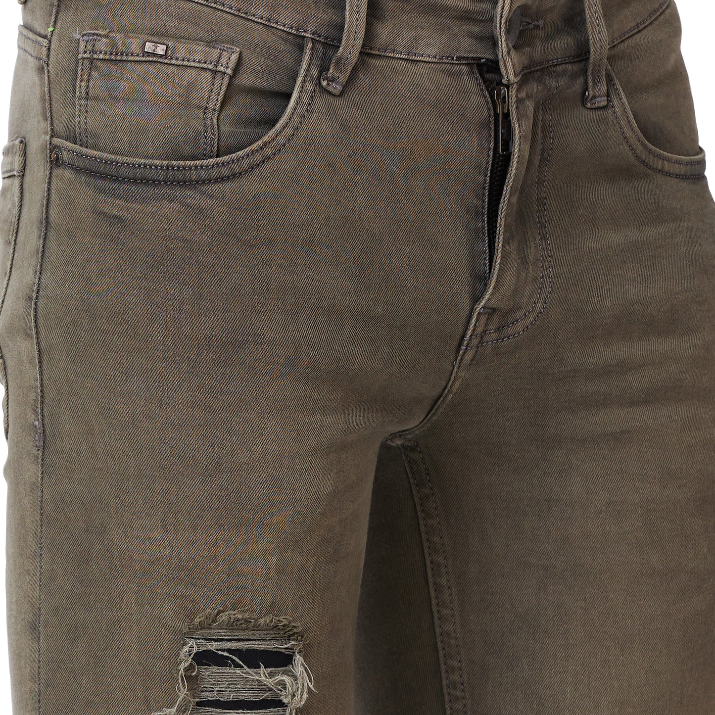 Khaki Distress Bootcut Denim Jeans With Zipper Bottom