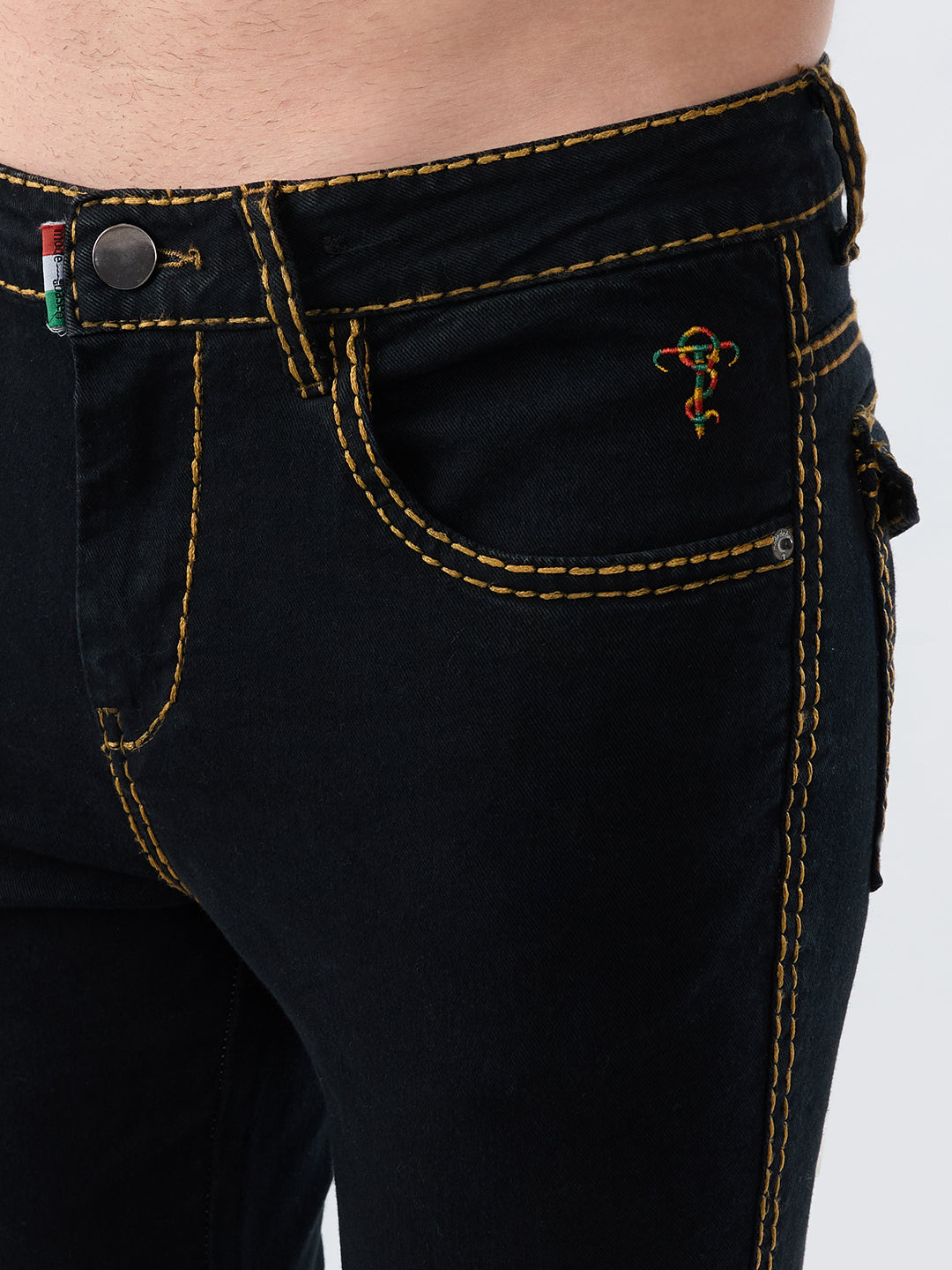 Men’s Jet Black Bootcut Stretch Denim Jeans – Mustard Stitching & Flap Pocket Accents