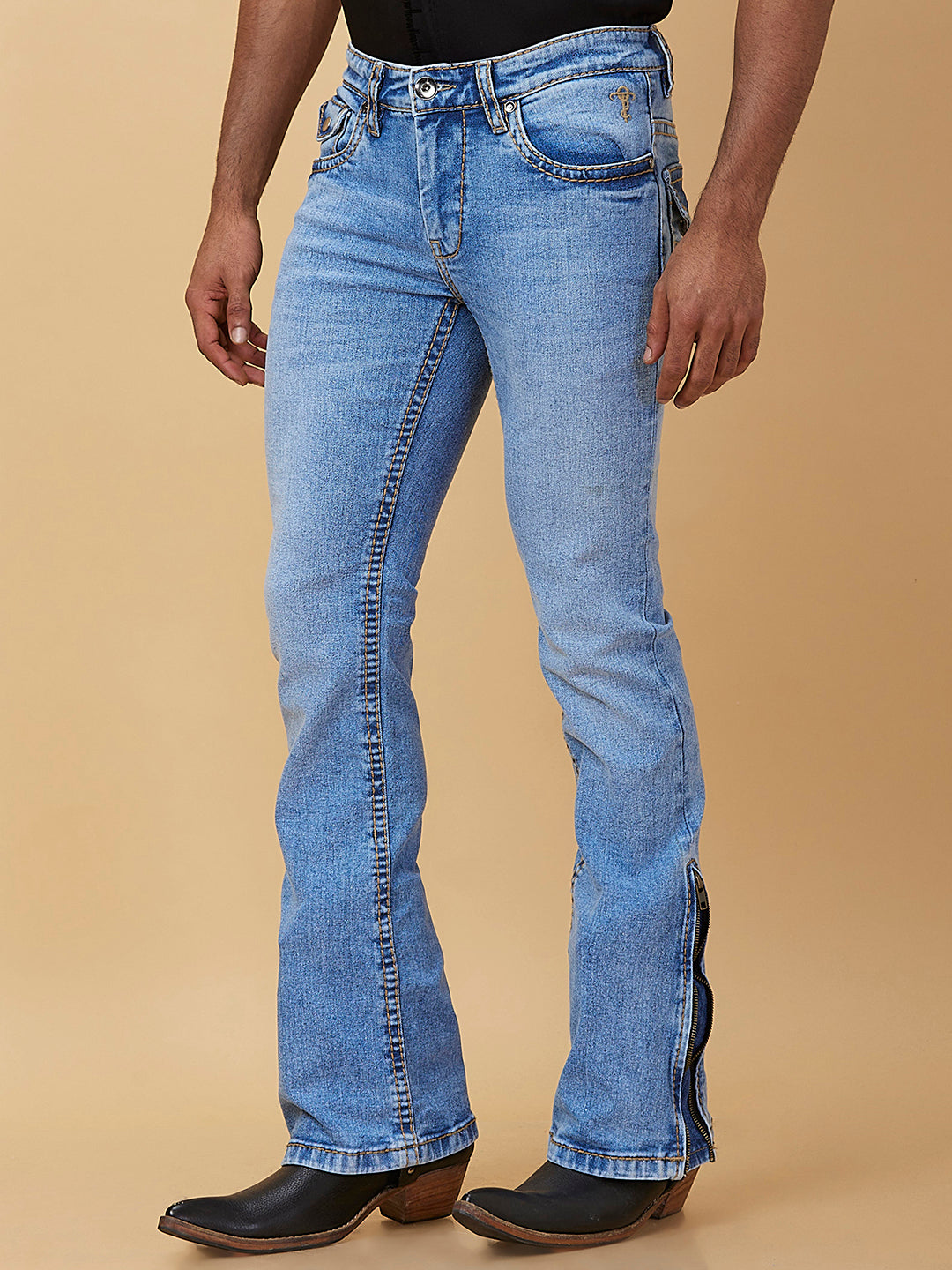 Blue Bootcut Jeans saddle stitched