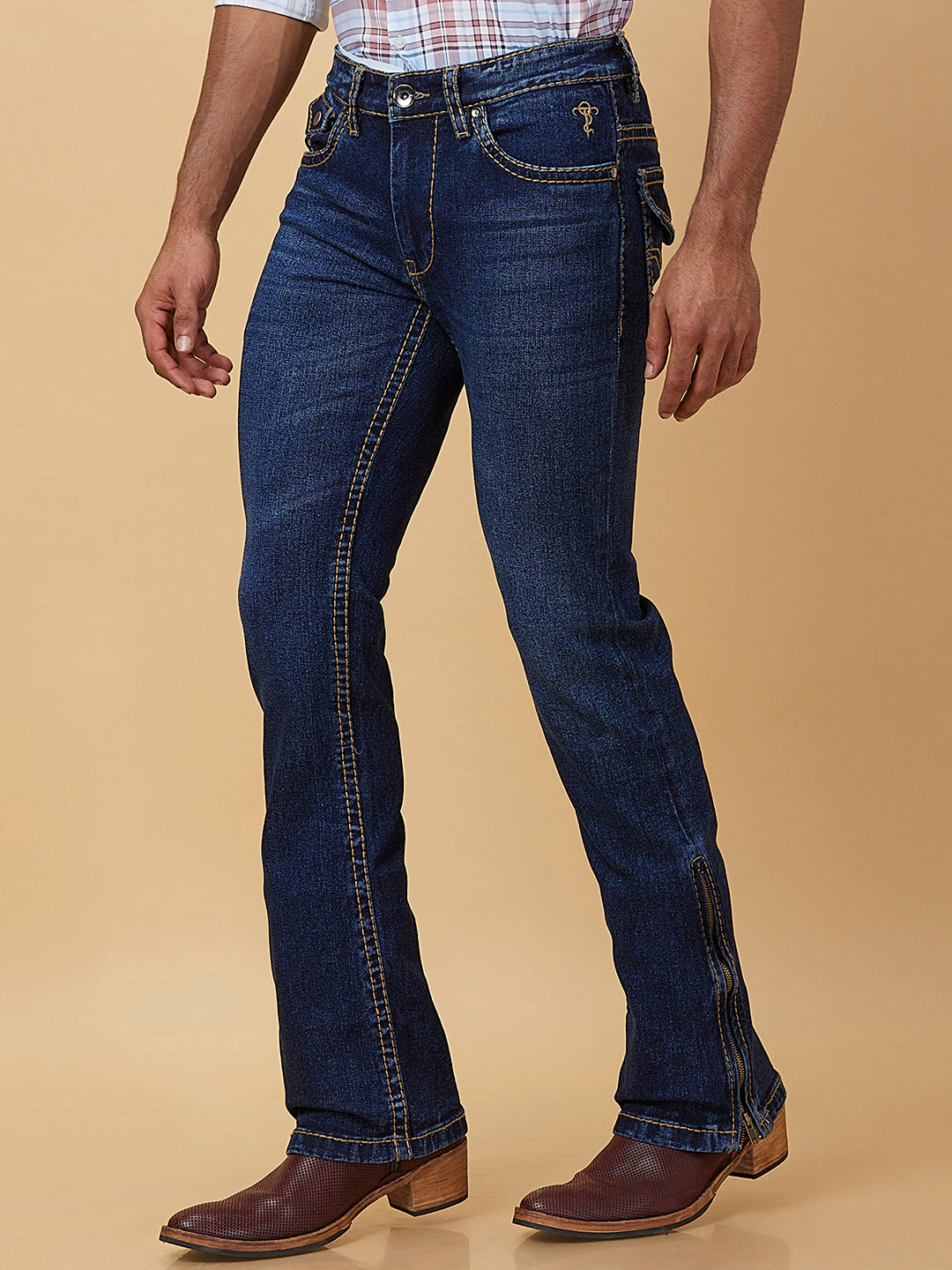 Indigo Blue Boot-cut Jeans with Saddle Stitch