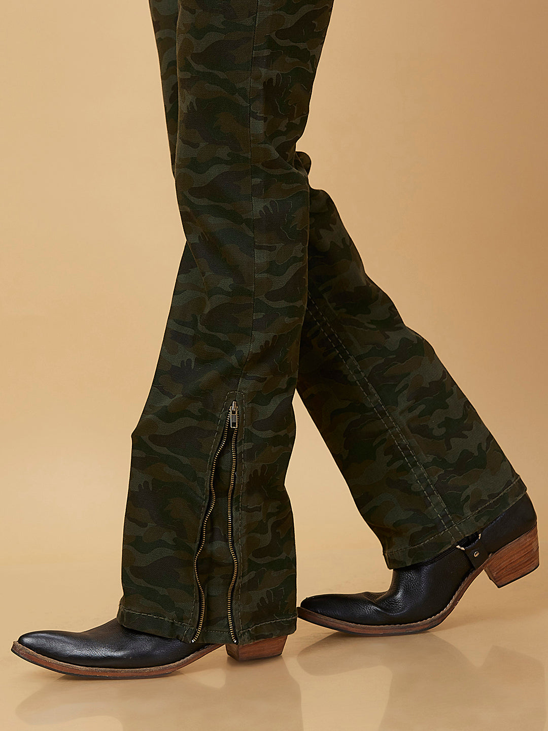 Dark Green Camouflage Boot-cut Jeans Zipper Bottom