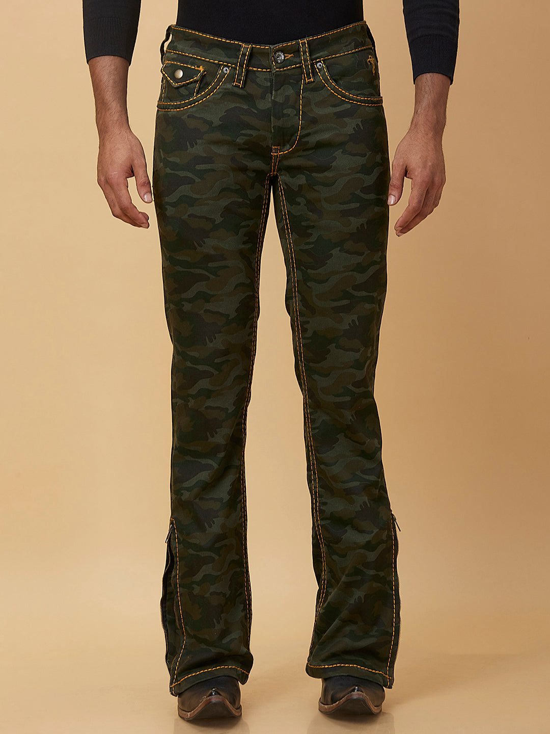 Dark Green Camouflage Boot-cut Jeans