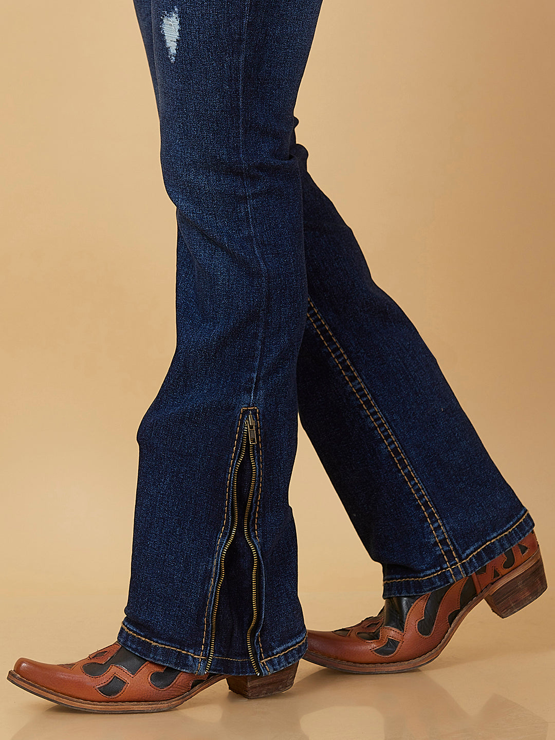 Distress Indigo Blue Boot-cut Jeans