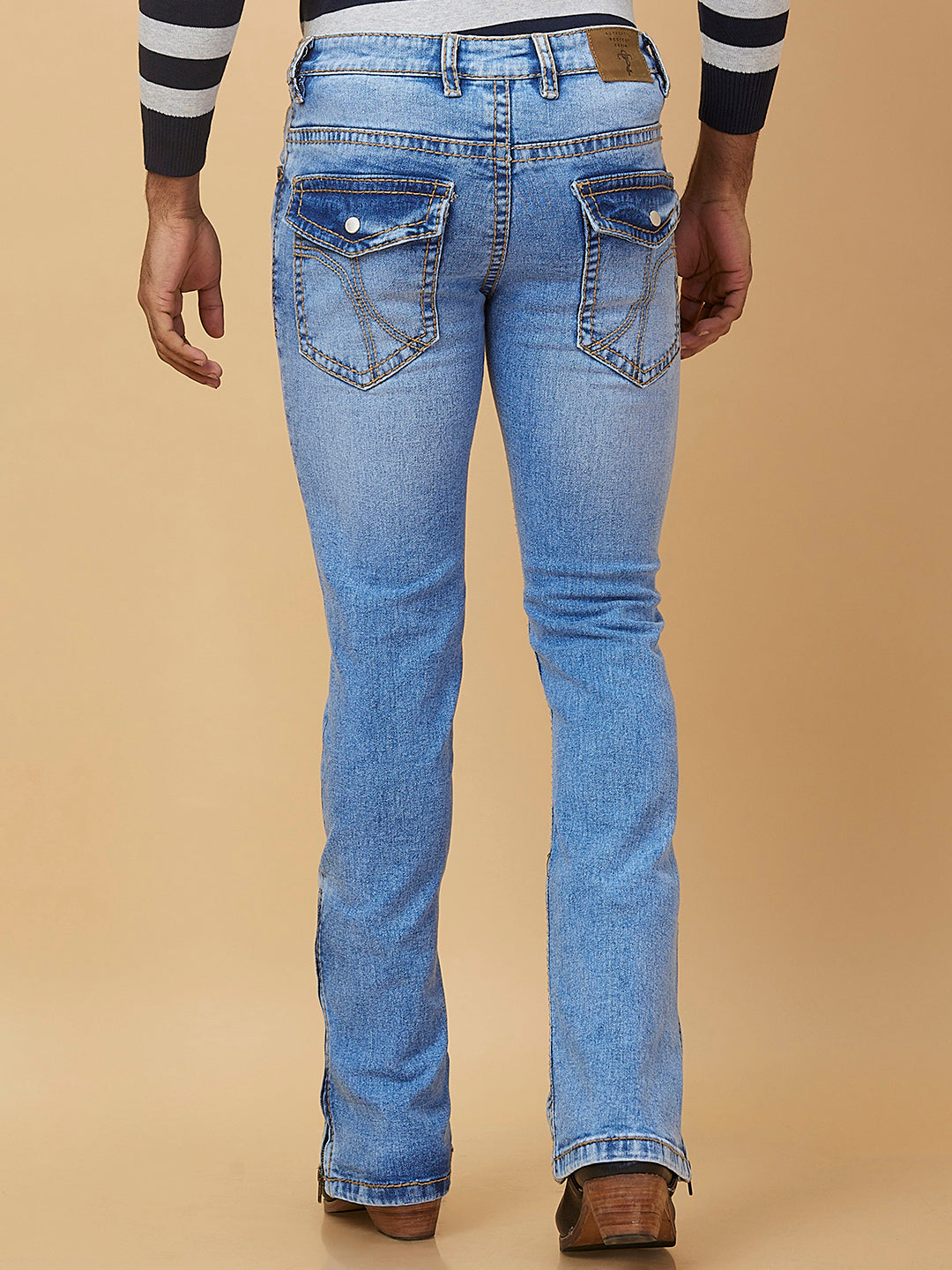 Distress Blue Bootcut Jeans With Zipper Bottom