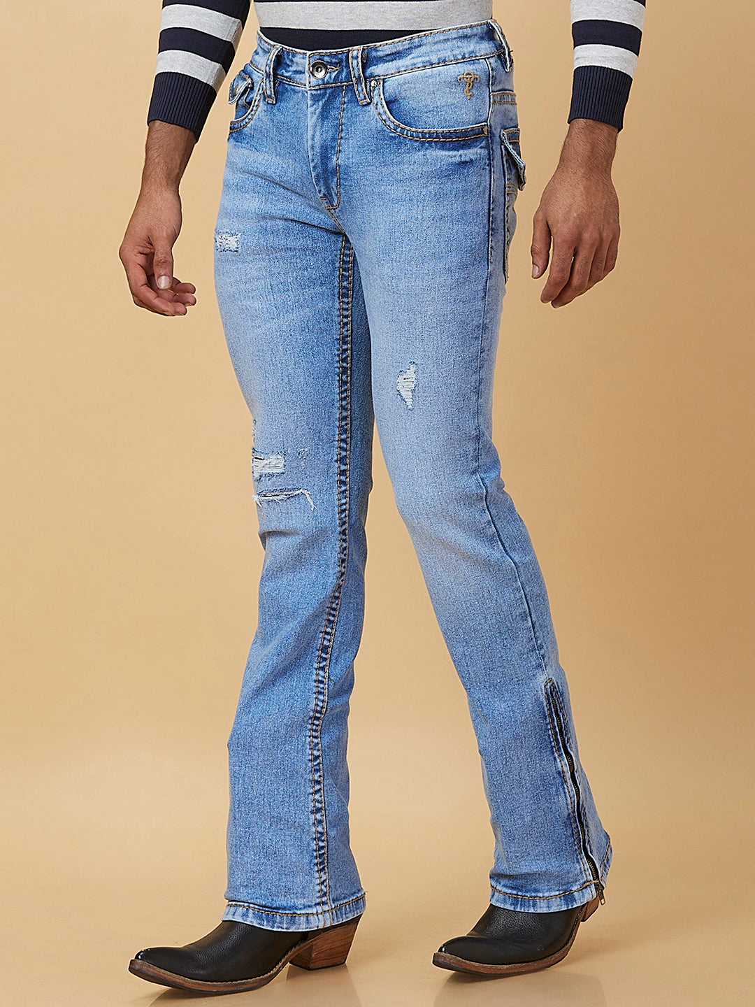 Distress Blue Bootcut Jeans With Zipper Bottom