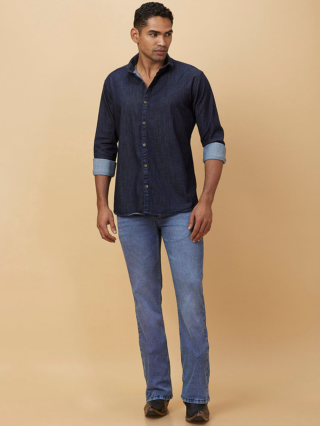 Stone Wash Blue Boot-cut Jeans with Fade