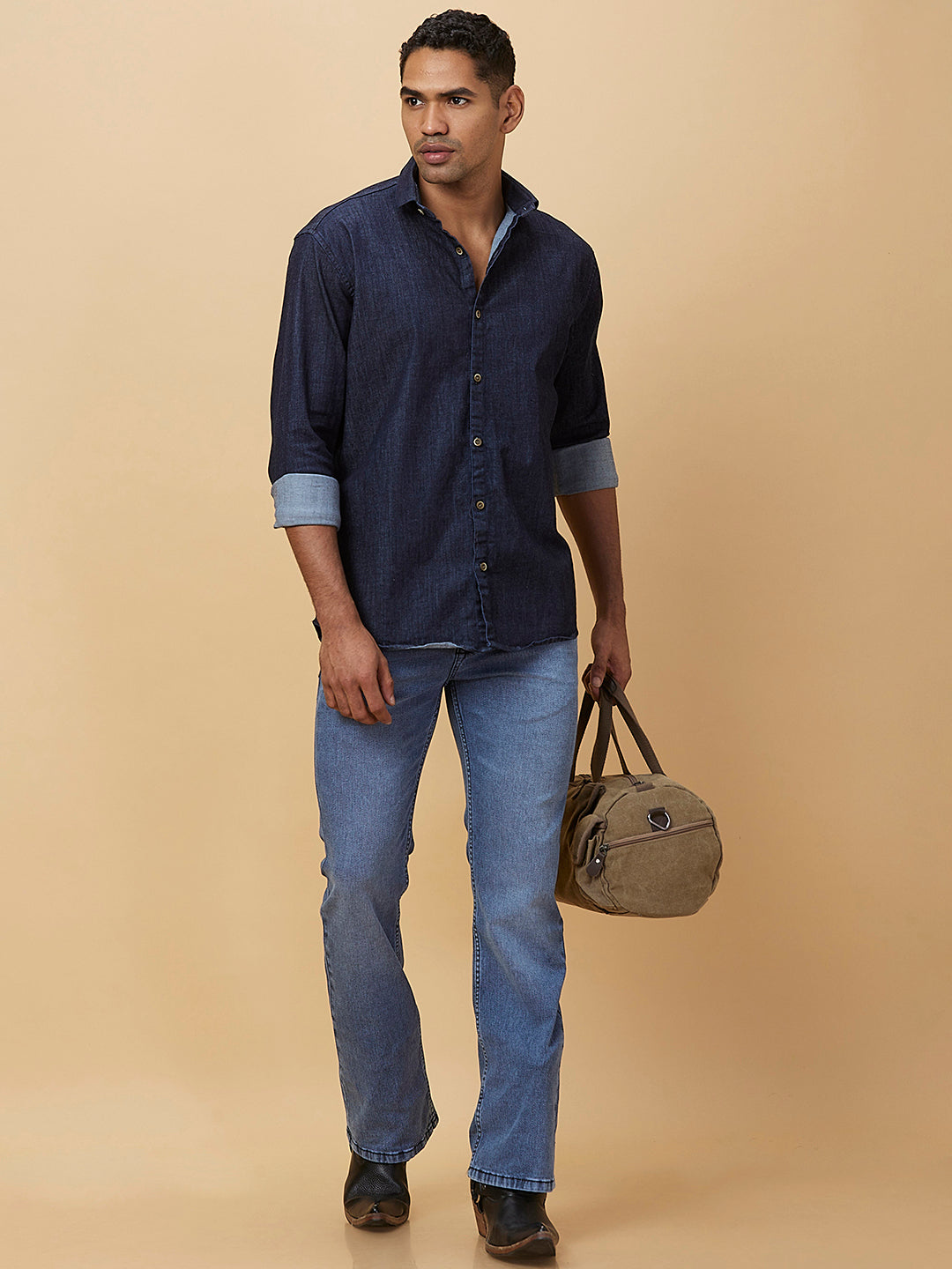 Stone Wash Blue Boot-cut Jeans with Fade