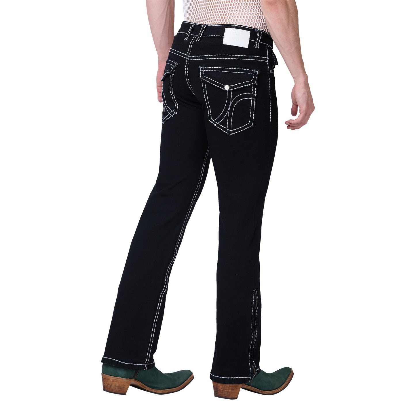 Mens Black Bootcut Slim Fit Jeans Strechable With White Saddle Stitch