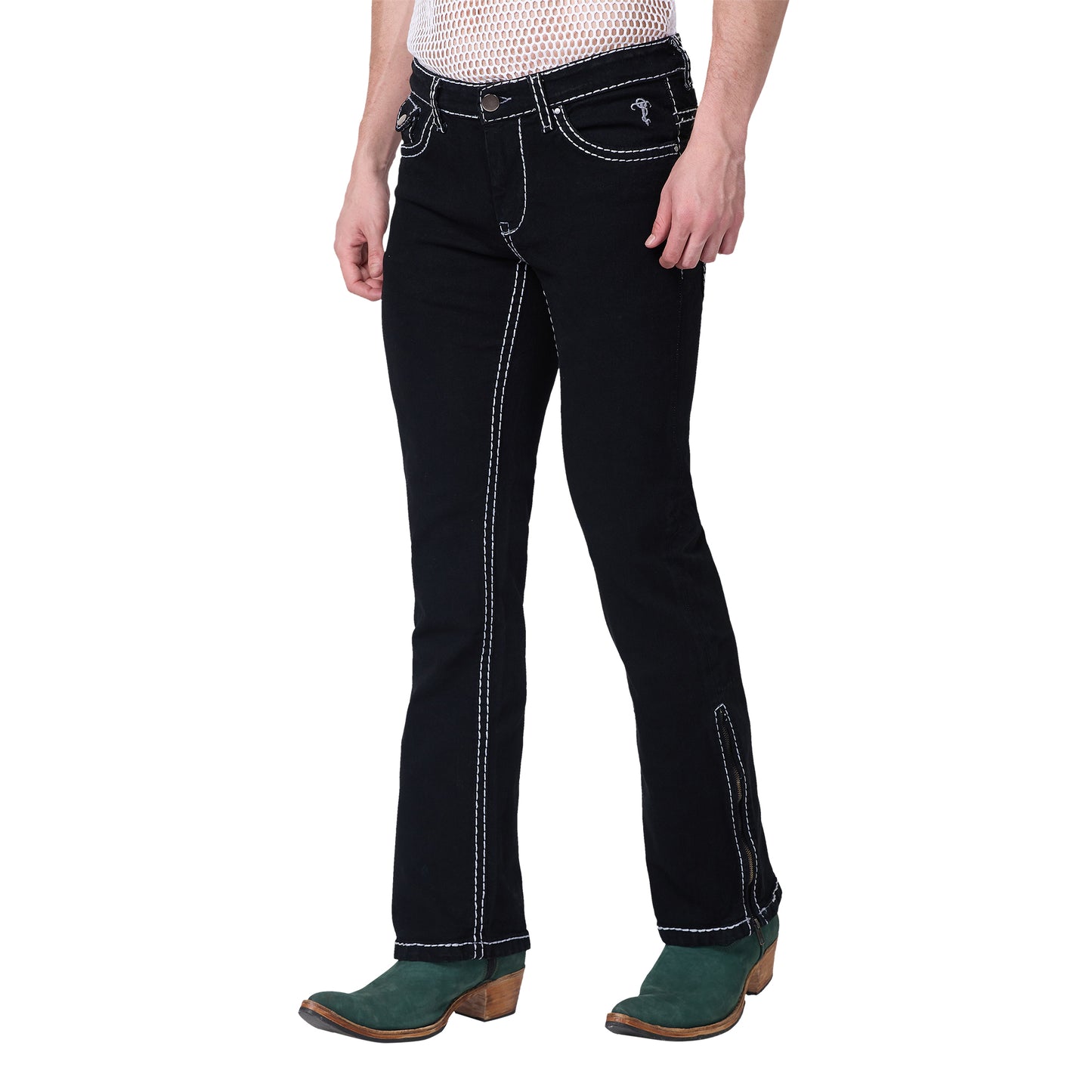 Mens Black Bootcut Slim Fit Jeans Strechable With White Saddle Stitch