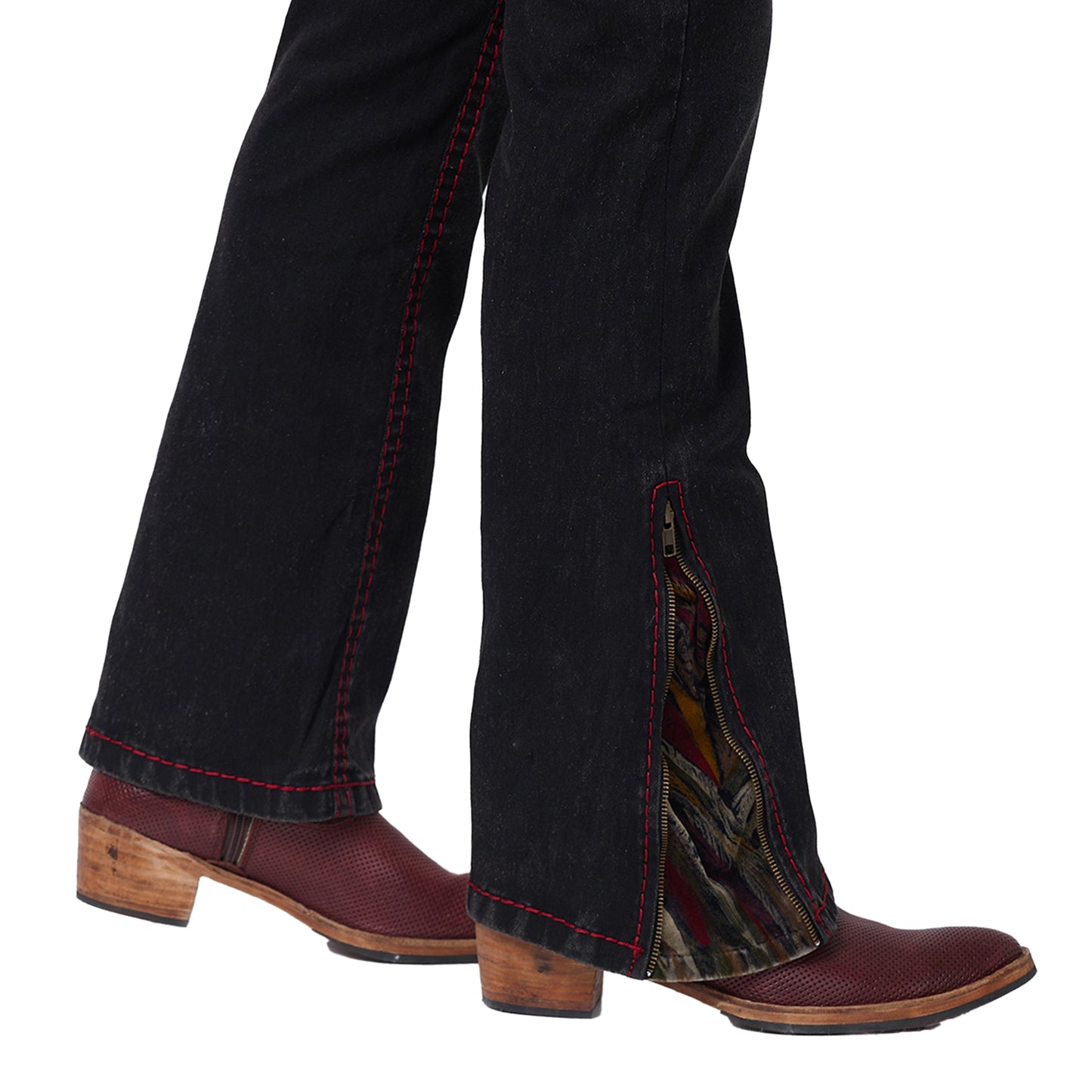 Mens Black Faded Bootcut Slim Fit Jeans With Maroon Saddle Stitch