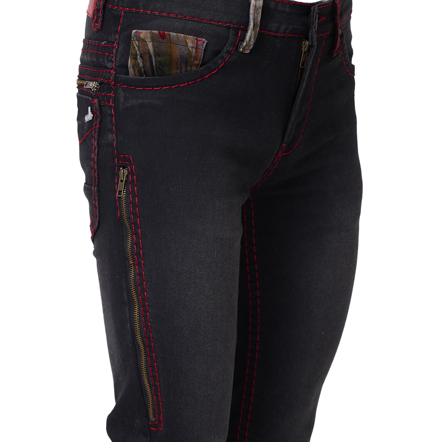 Mens Black Faded Bootcut Slim Fit Jeans With Maroon Saddle Stitch