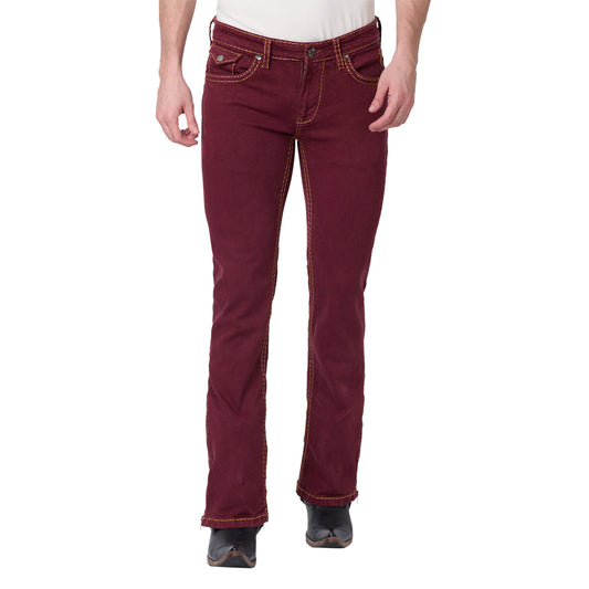 Mens Maroon Bootcut Slim Fit Jeans With Strechable Saddle Stitch