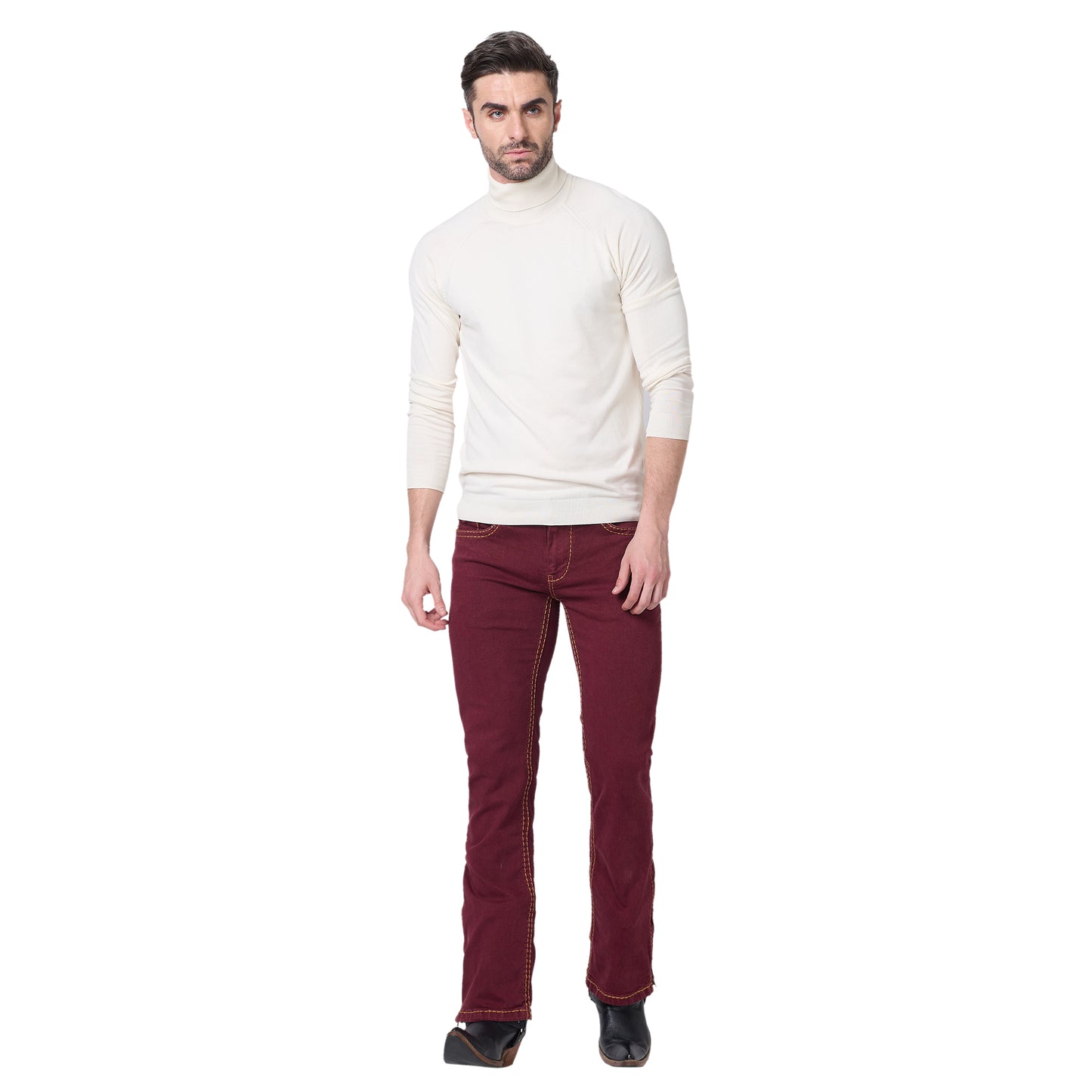 Mens Maroon Bootcut Slim Fit Jeans With Strechable Saddle Stitch