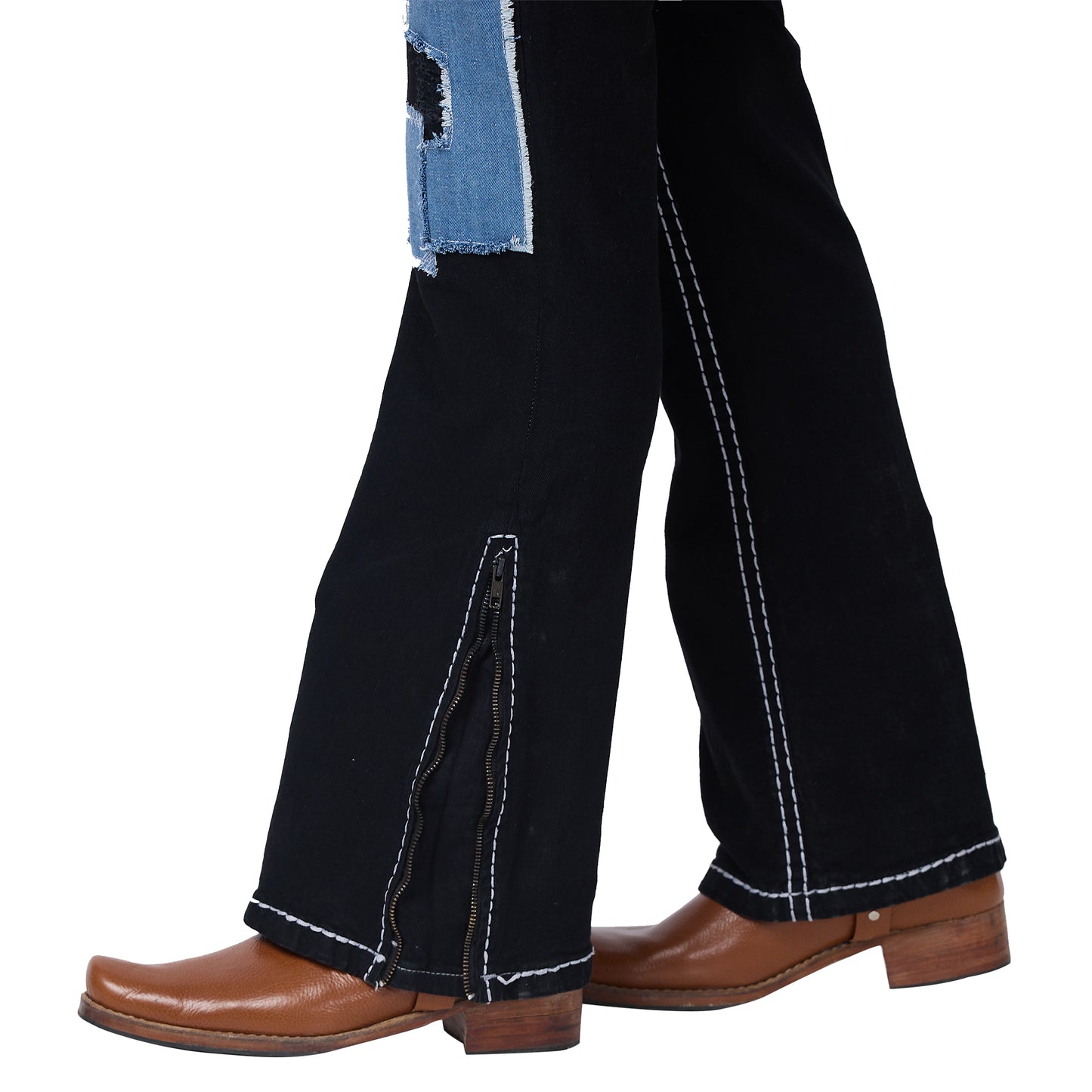 Mens Black Bootcut Slim Fit Jeans With Saddle Stitch Strechable.