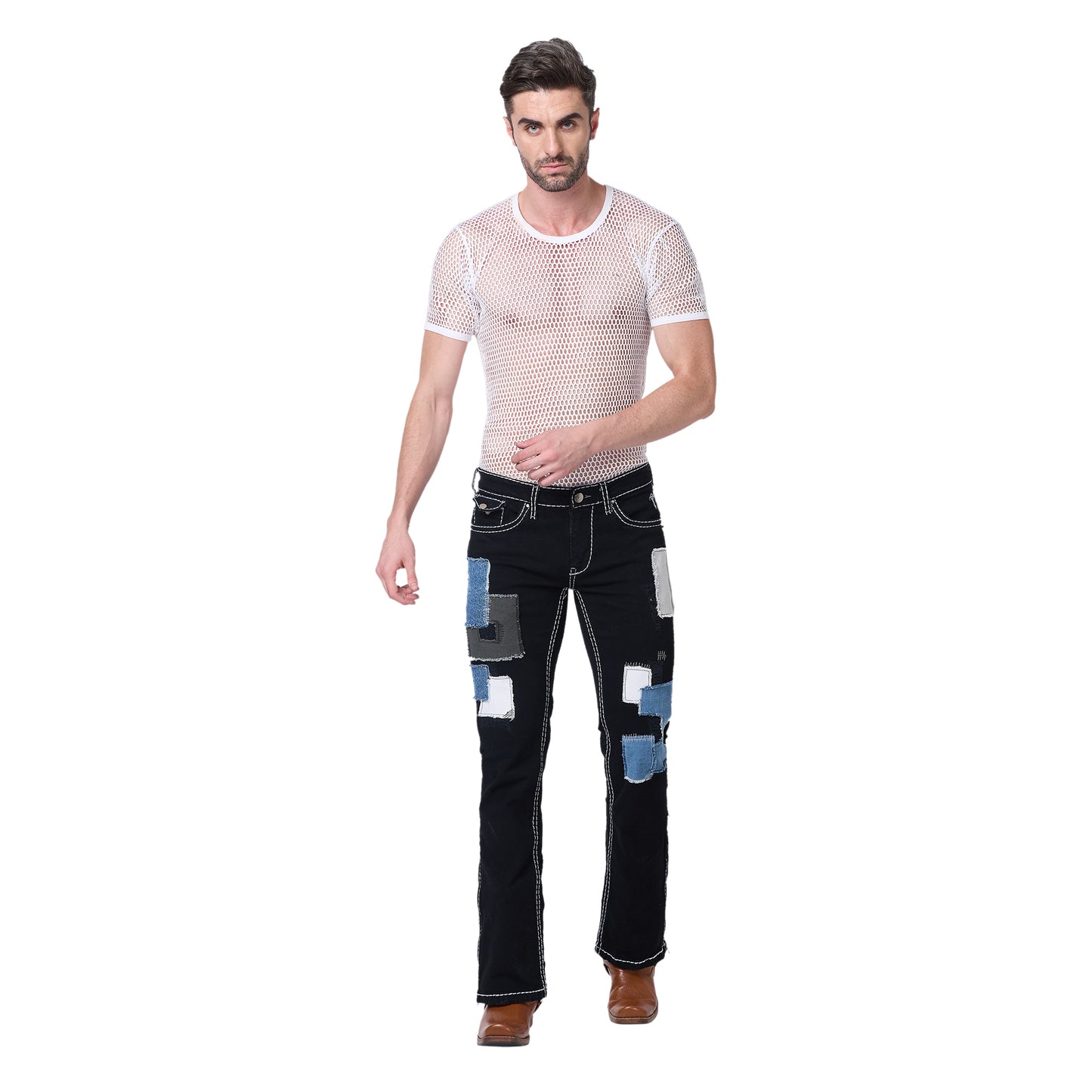 Mens Black Bootcut Slim Fit Jeans With Saddle Stitch Strechable.
