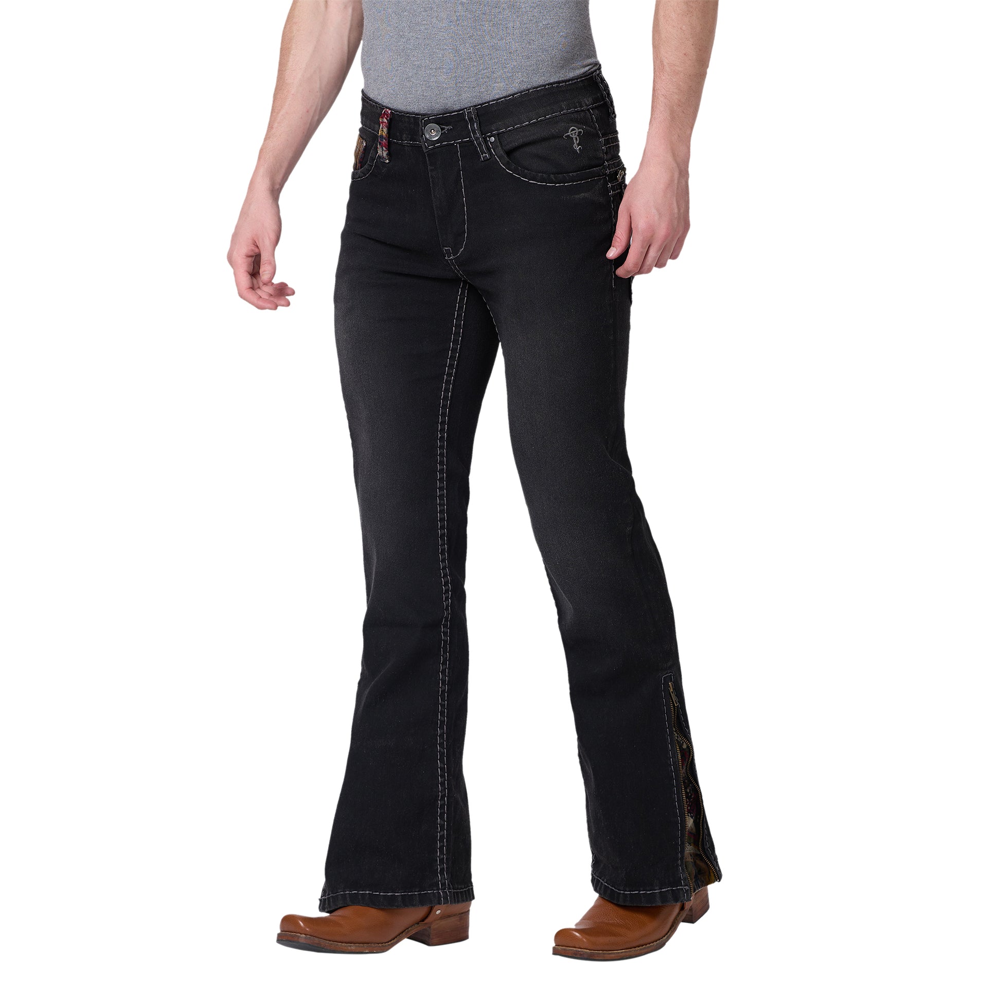 Mens Black Faded Bootcut Slim Fit Jeans With Strechable Saddle Stitch Zipper