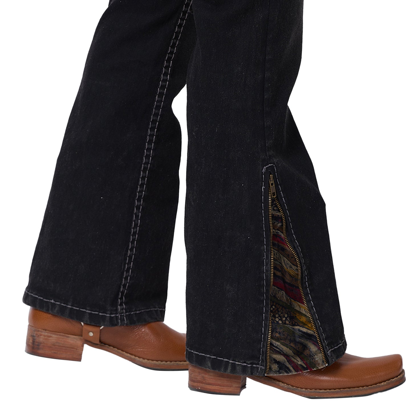 Mens Black Faded Bootcut Slim Fit Jeans With Strechable Saddle Stitch & Zipper Bottom.