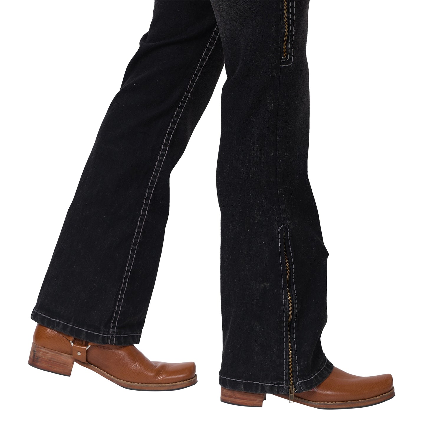 Mens Black Faded Bootcut Slim Fit Jeans With Strechable Saddle Stitch & Zipper Bottom.