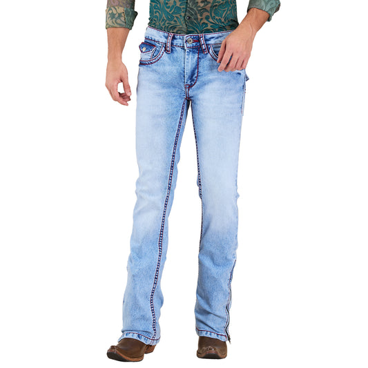 Light Blue Mens Faded Bootcut Slim Fit Strechable Jeans With Zipper Bottom & Saddle Stitch