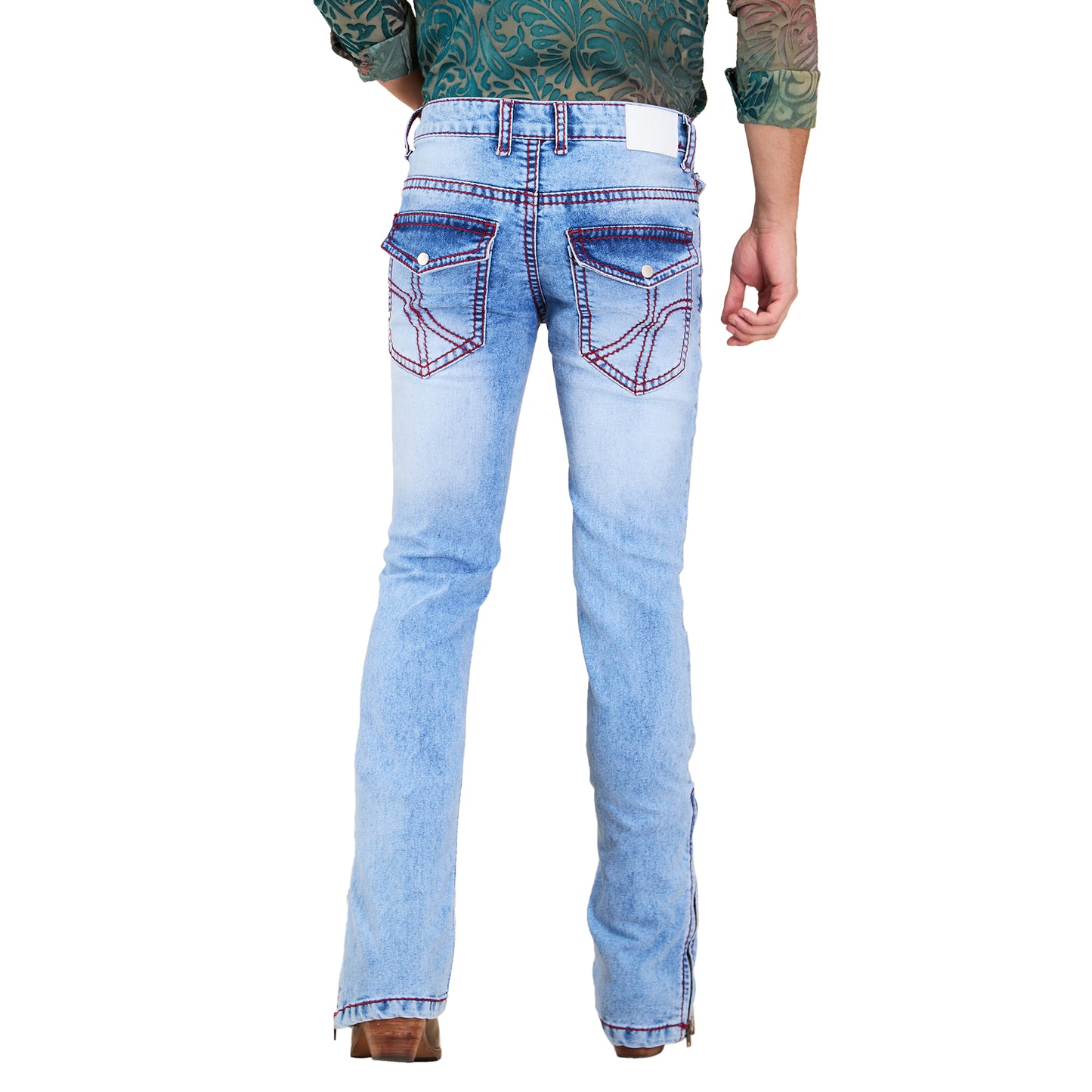 Light Blue Mens Faded Bootcut Slim Fit Strechable Jeans With Zipper Bottom & Saddle Stitch