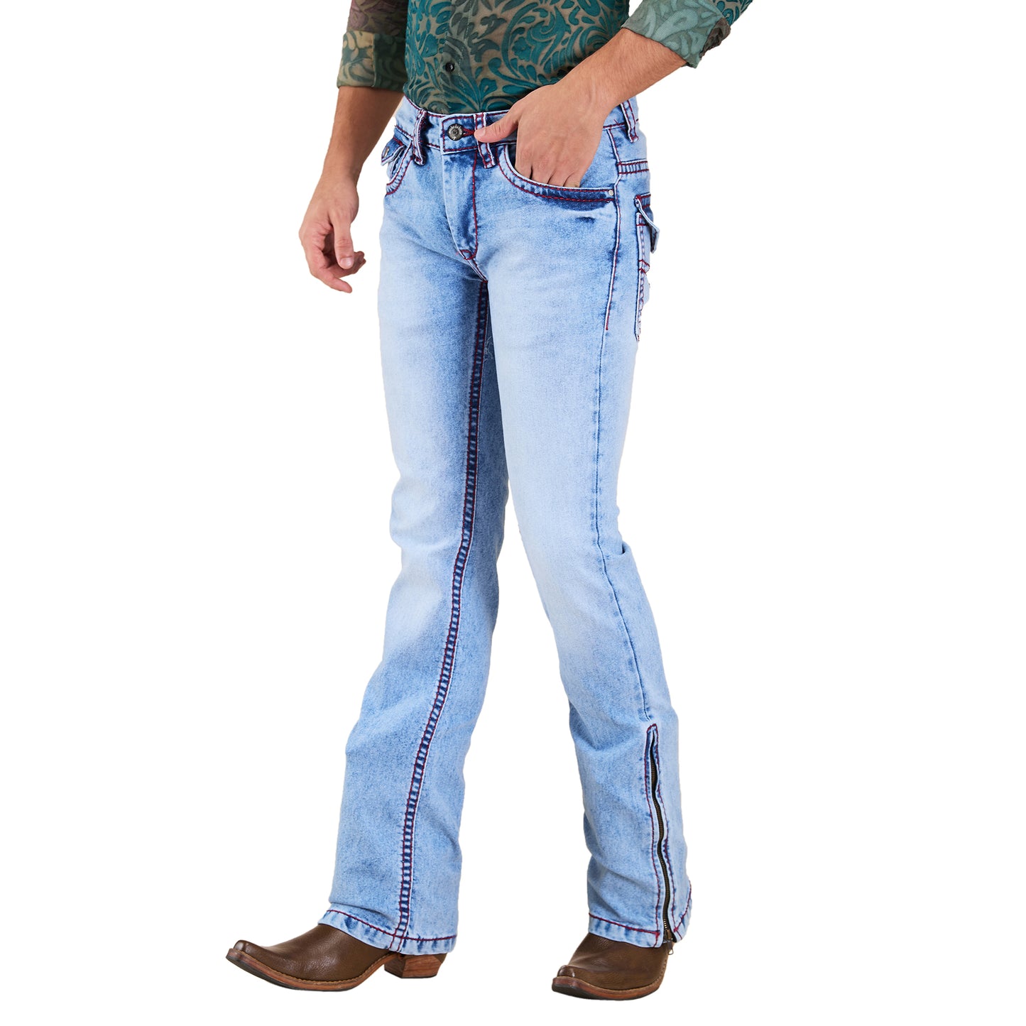 Light Blue Mens Faded Bootcut Slim Fit Strechable Jeans With Zipper Bottom & Saddle Stitch