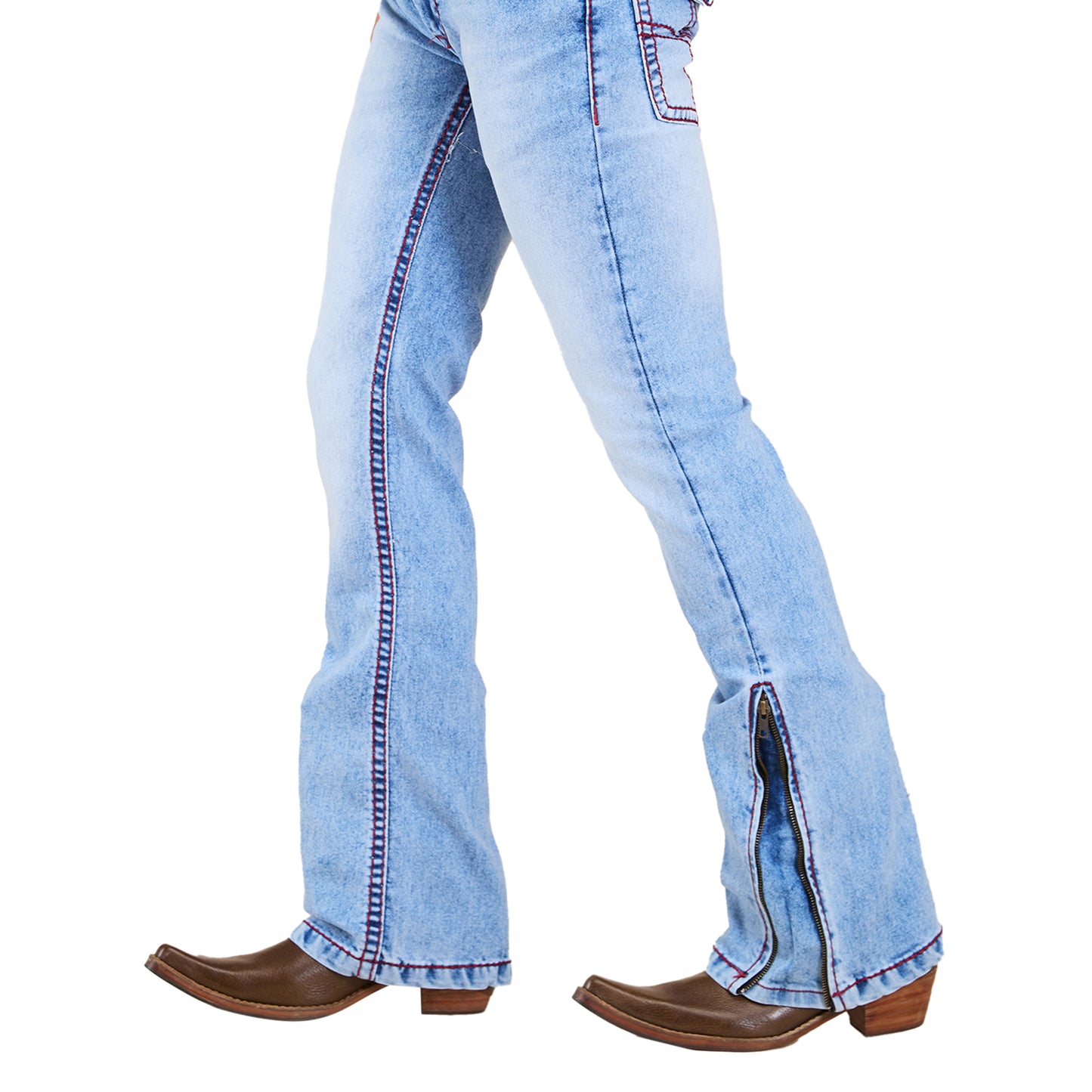 Light Blue Mens Faded Bootcut Slim Fit Strechable Jeans With Zipper Bottom & Saddle Stitch