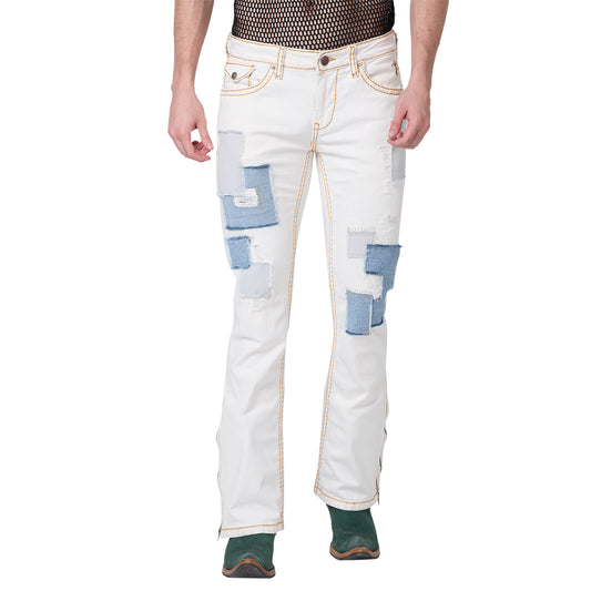 Mens White Boot-cut Slim Fit Jeans With Saddle Stitch Strechable, Bottom Zipper