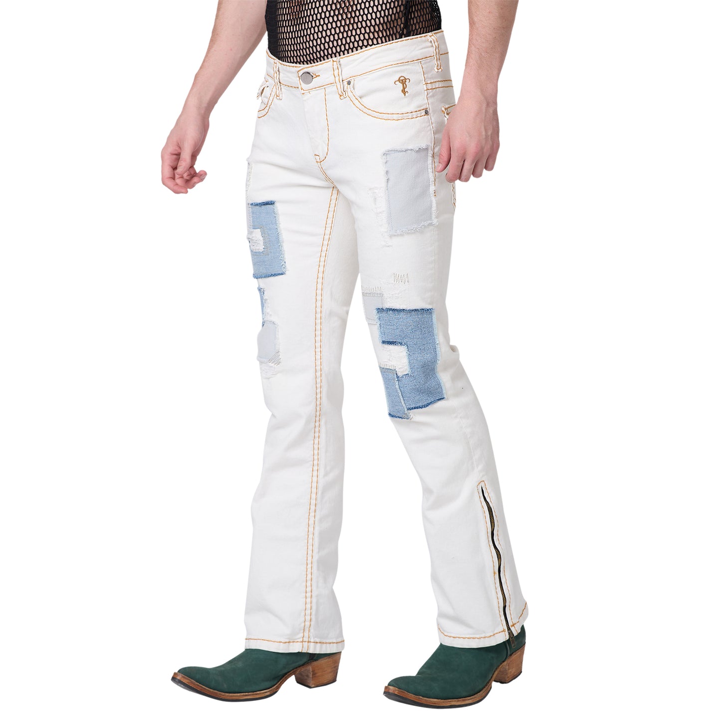 Mens White Boot-cut Slim Fit Jeans With Saddle Stitch Strechable, Bottom Zipper