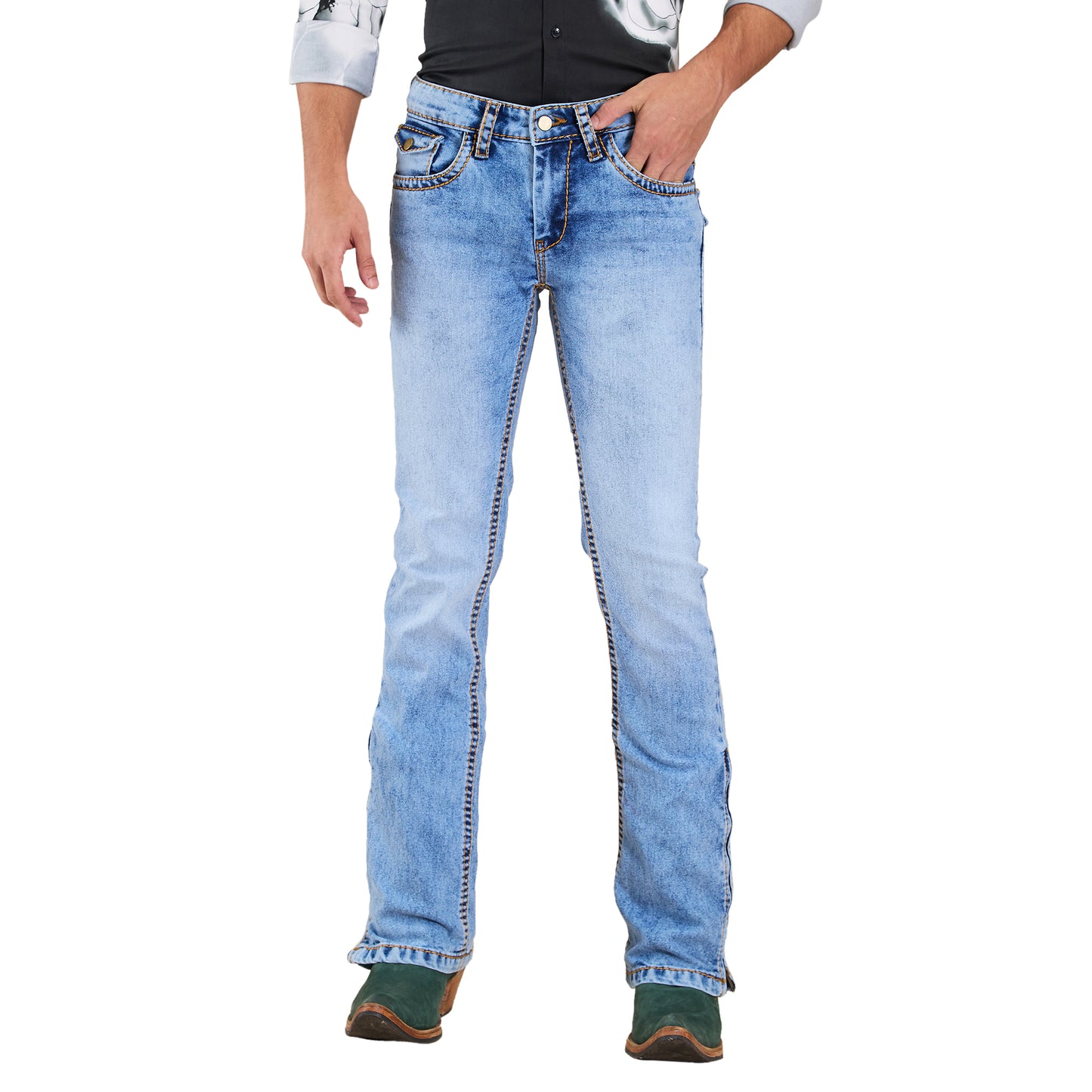 Light Blue Mens Bootcut Slim Fit Strechable Jeans With Zipper Bottom and Saddle Stitch