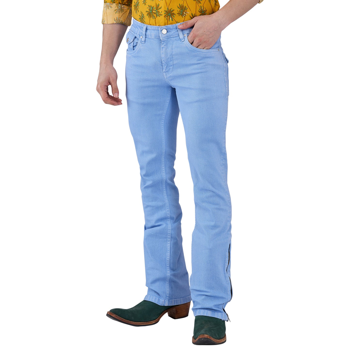 Basic Sky Blue Mens Bootcut Slim Fit Strechable Jeans With Zipper