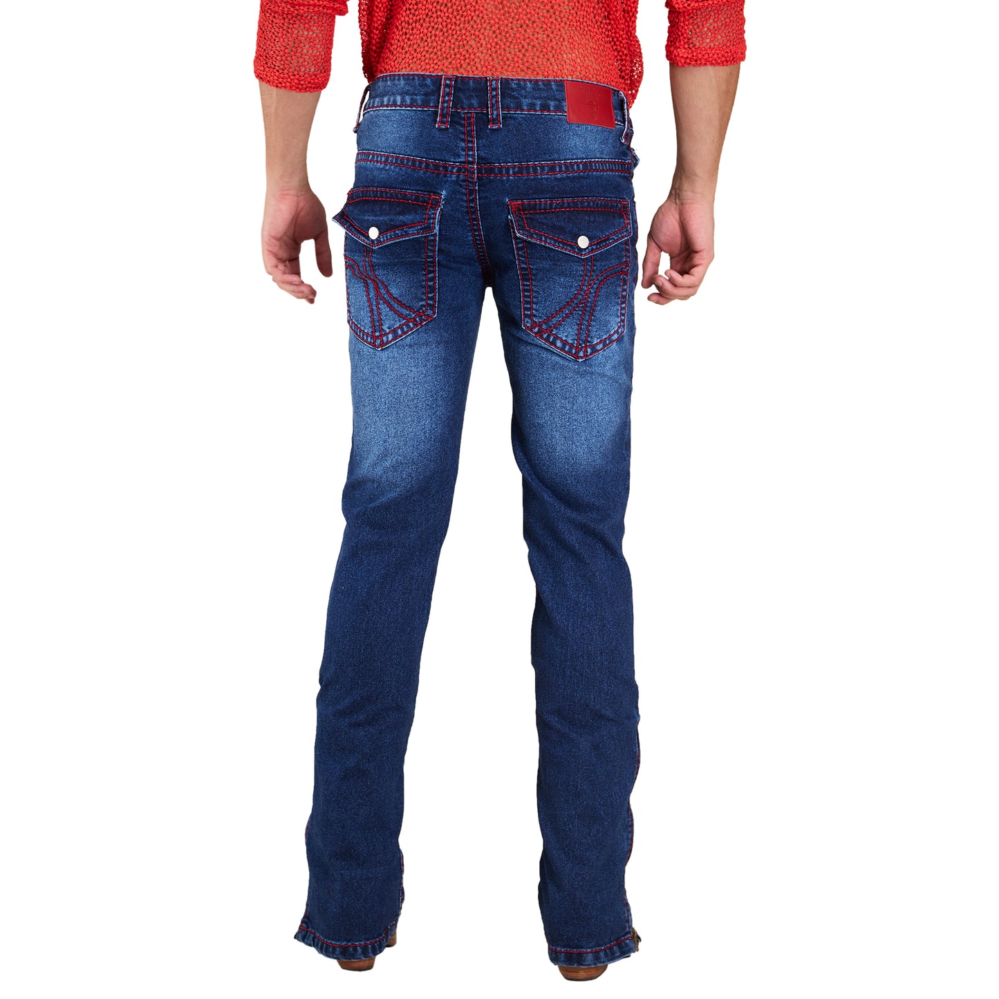 Blue Mens Faded Bootcut Slim Fit Strechable Jeans With Zipper Bottom & Saddle Stitch