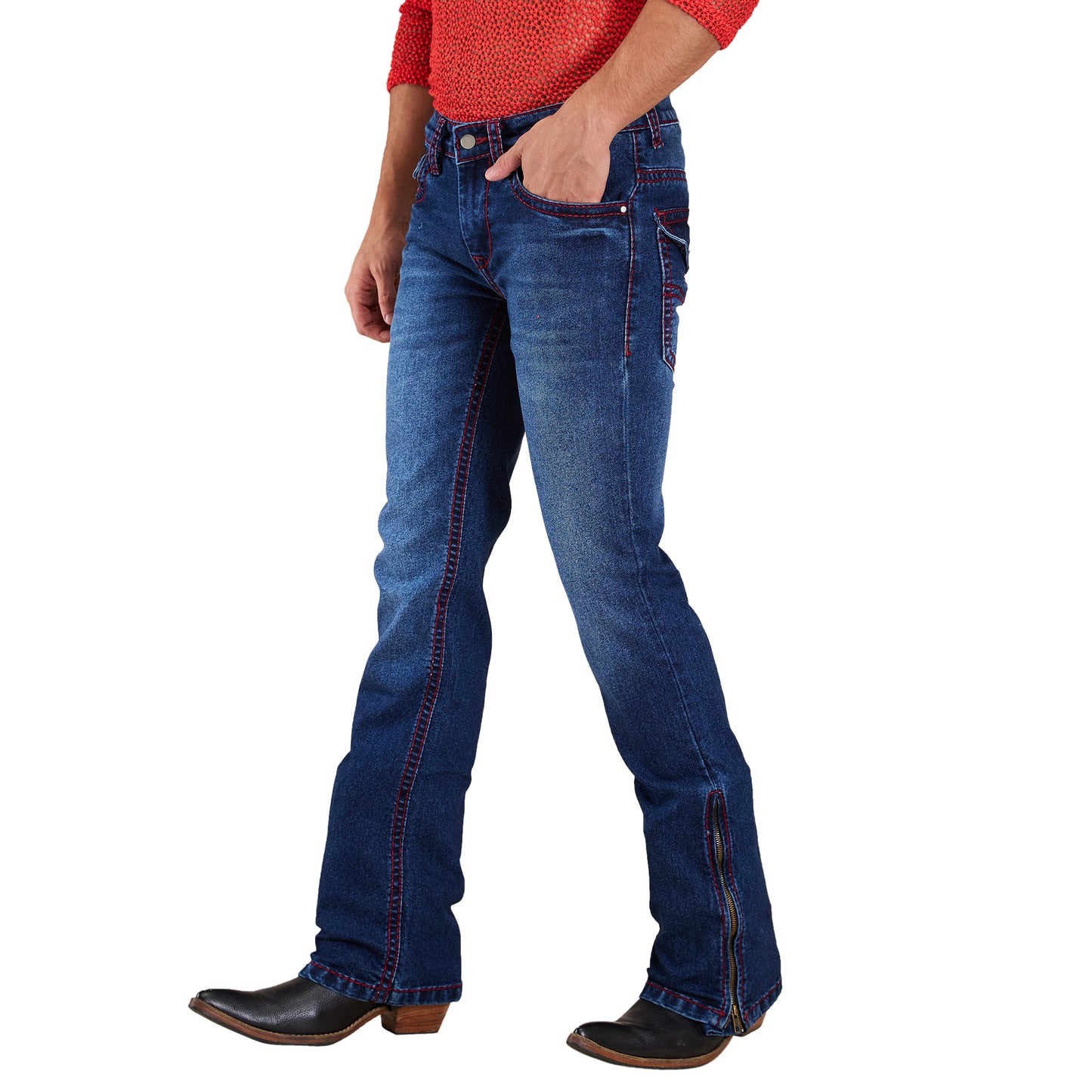 Blue Mens Faded Bootcut Slim Fit Strechable Jeans With Zipper Bottom & Saddle Stitch