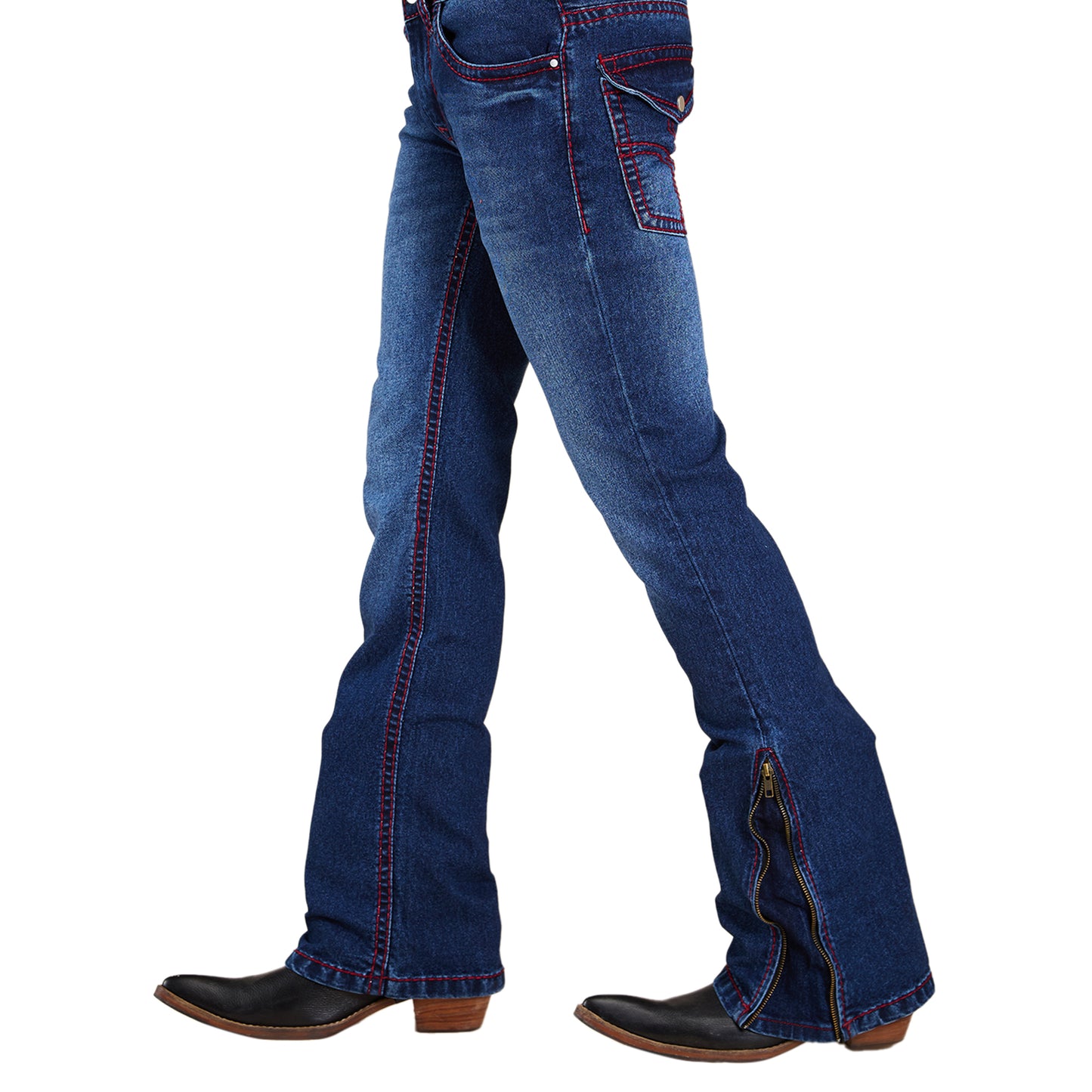 Blue Mens Faded Bootcut Slim Fit Strechable Jeans With Zipper Bottom & Saddle Stitch