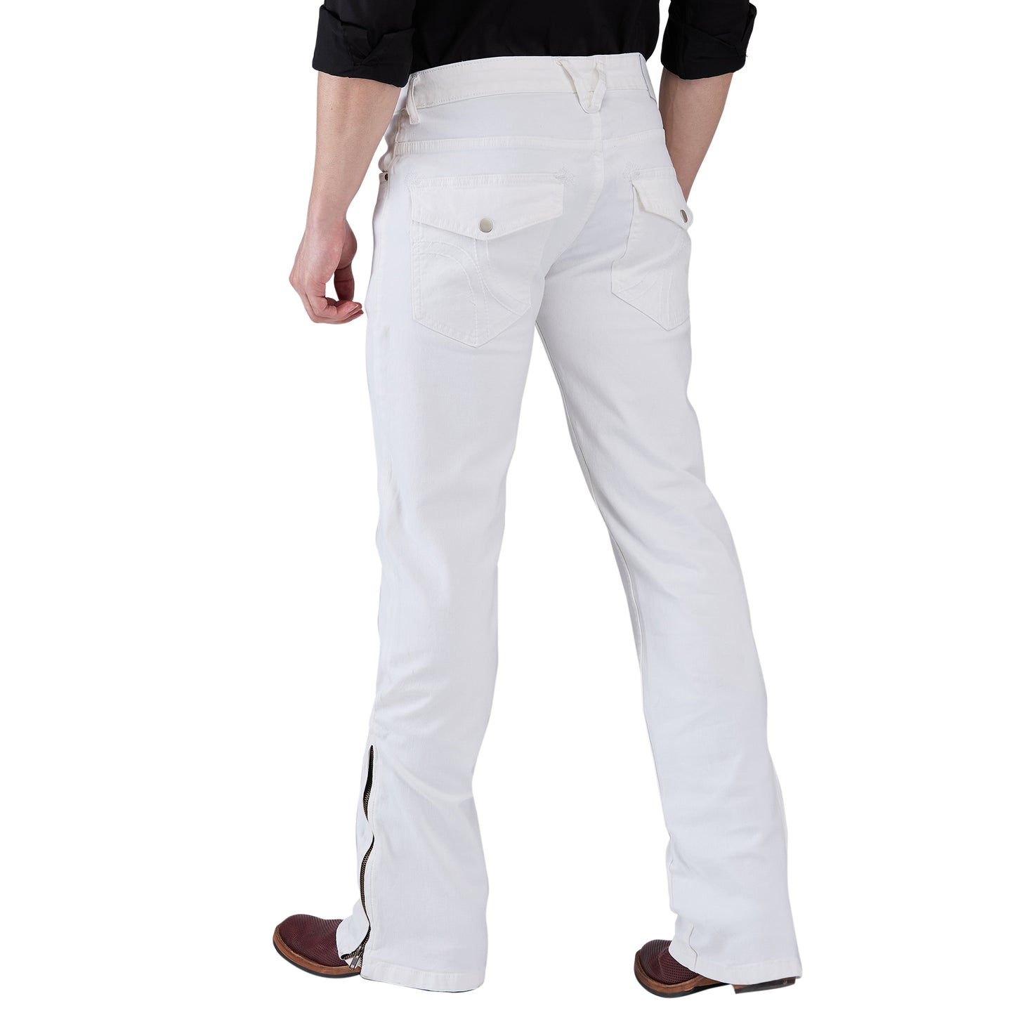 Basic White Mens Bootcut Slim Fit Strechable Jeans With Zipper Bottom