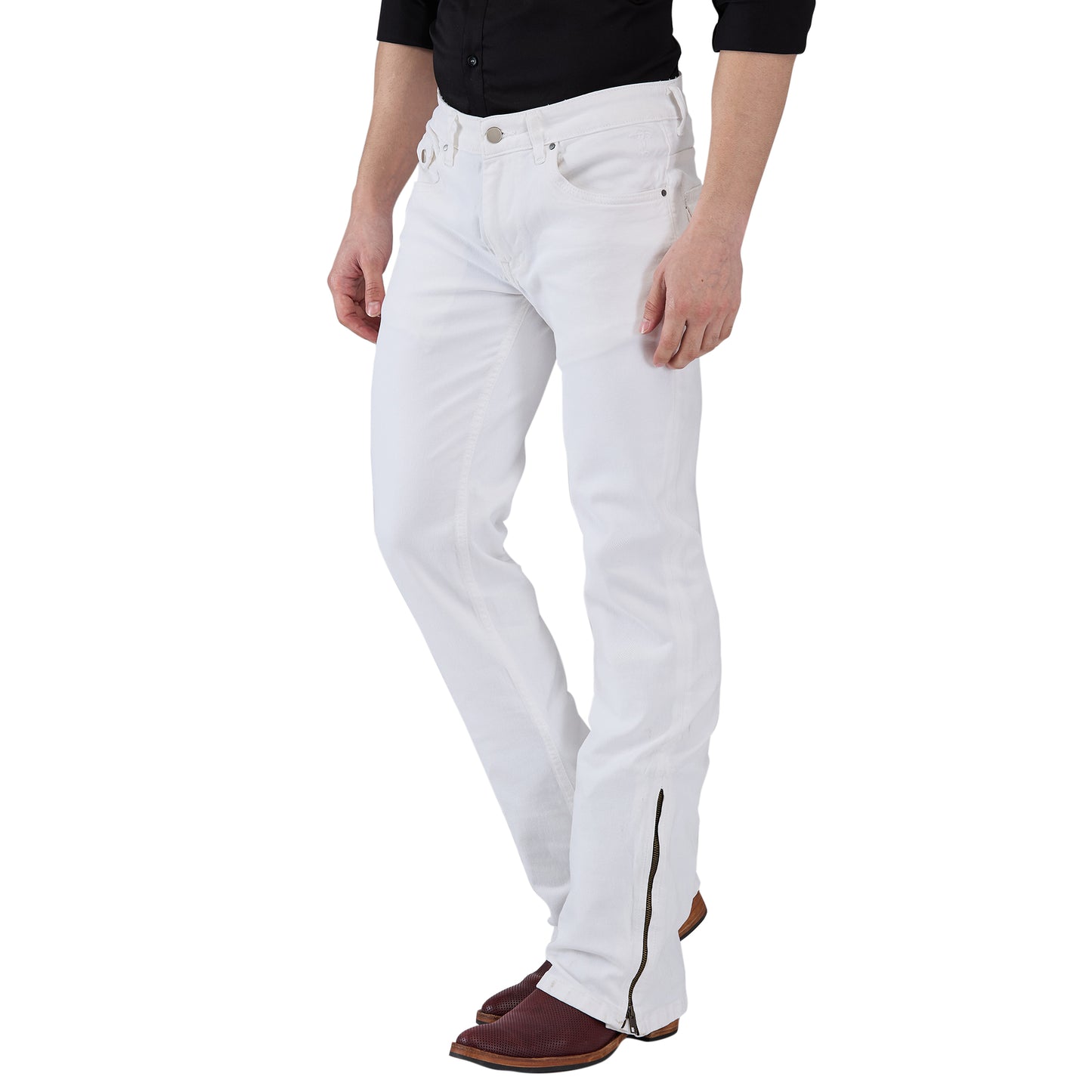 Basic White Mens Bootcut Slim Fit Strechable Jeans With Zipper Bottom