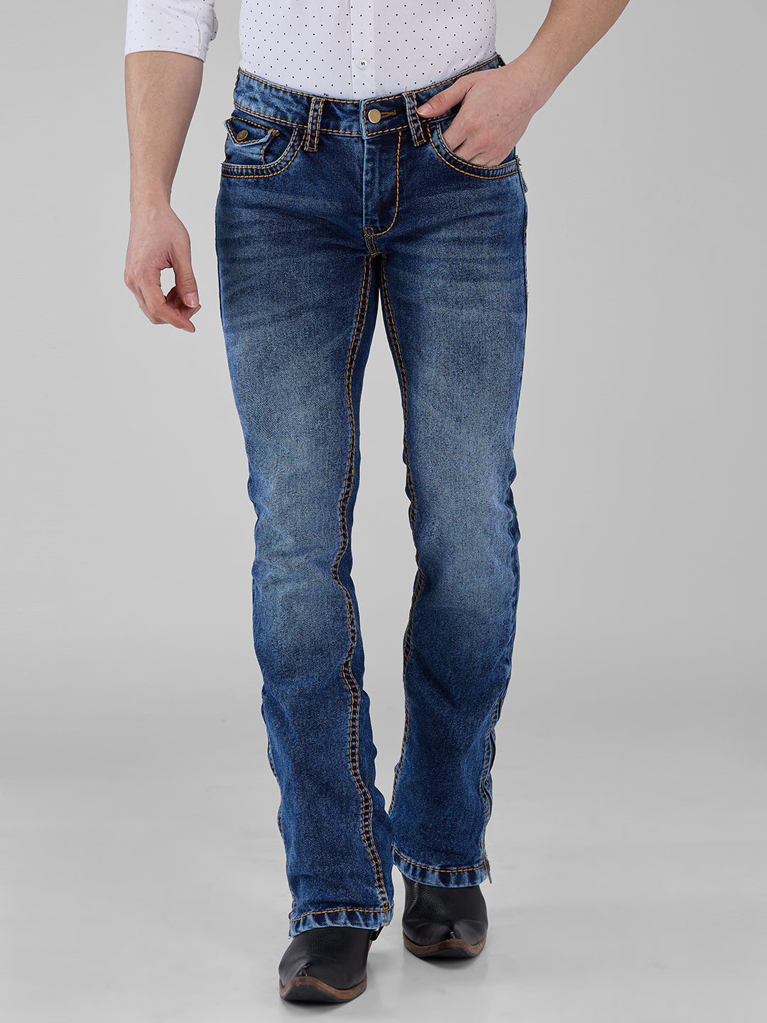 Denim Blue Basic Bootcut Jeans With Zipper Bottom and Saddle stitch