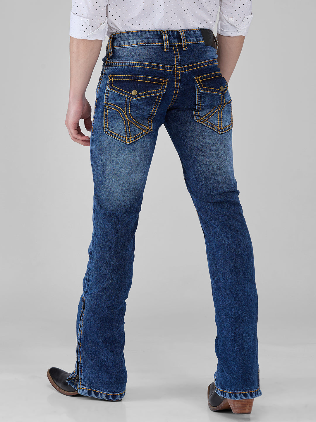 Denim Blue Basic Bootcut Jeans With Zipper Bottom and Saddle stitch