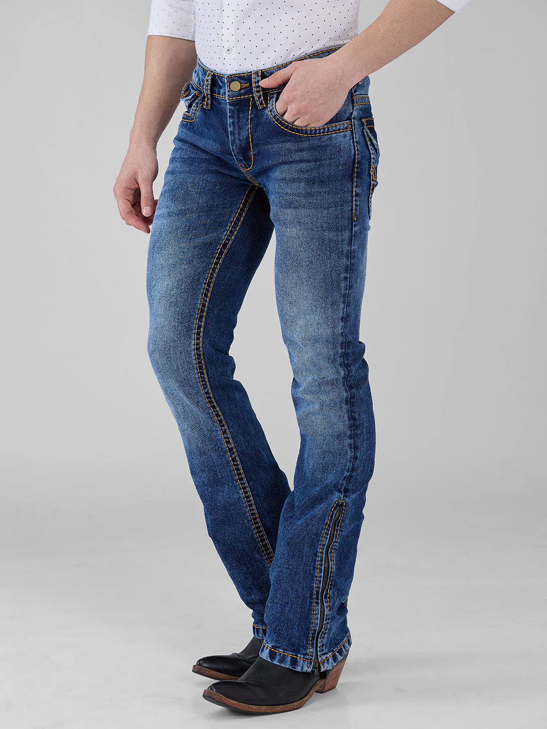 Denim Blue Basic Bootcut Jeans With Zipper Bottom and Saddle stitch