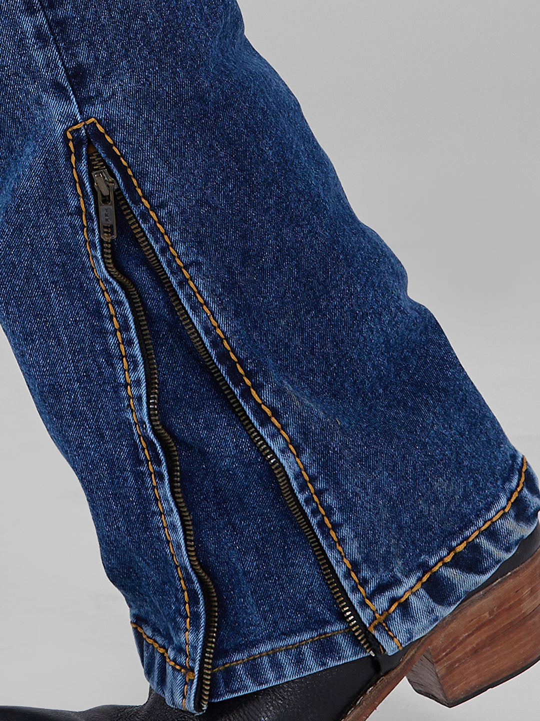 Denim Blue Basic Bootcut Jeans With Zipper Bottom and Saddle stitch